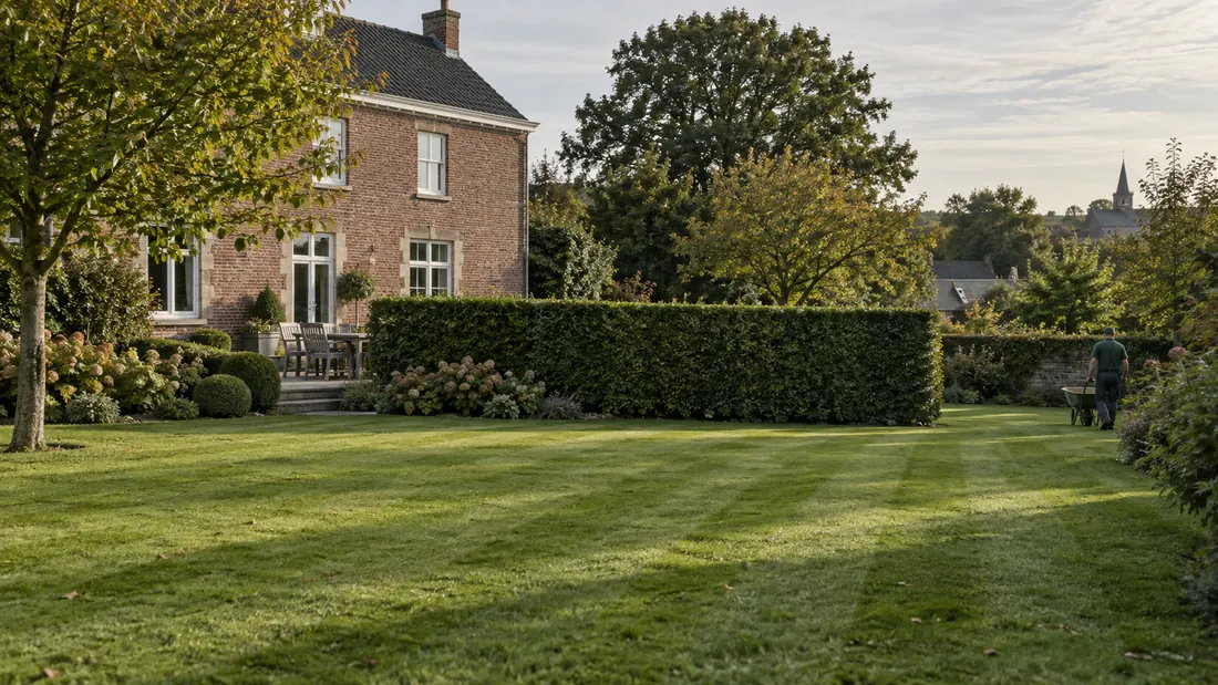 Jardin entretenu en région liégeoise : pelouse tondue, haie de charmes taillée et jardinier au travail