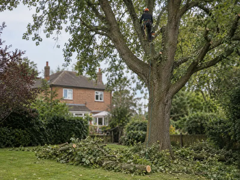 Élagueur encordé dans un arbre de jardin, vu de loin