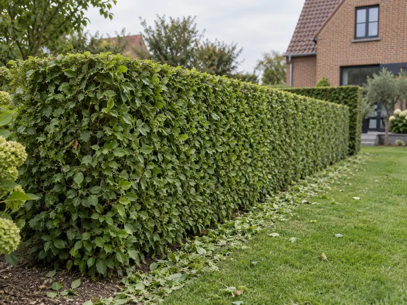 Haie de charmes fraîchement taillée au carré dans un jardin liégeois